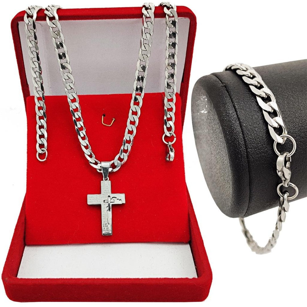 Kit Masculino Aço Inoxidável – Corrente 60cm com Pingente Cruz Pai Nosso + Pulseira Grumet
