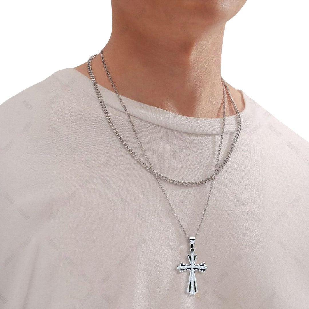 Kit 2 Correntes Masculinas com Pingente Cruz Palito | Banhado a Prata – Estilo, Fé e Presença no Visual