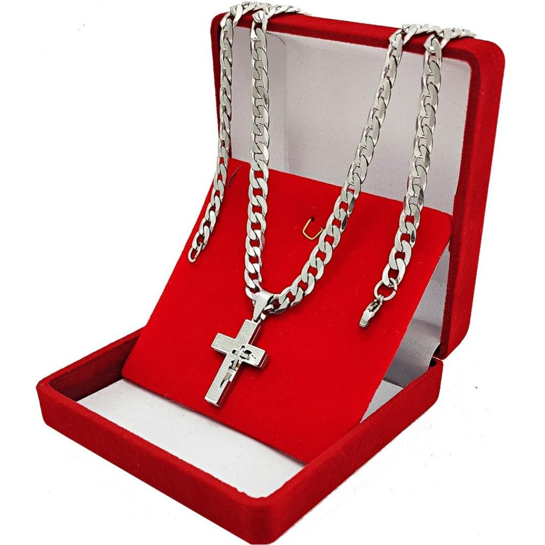 Kit Masculino Aço Inoxidável – Corrente 60cm com Pingente Cruz Pai Nosso + Pulseira Grumet