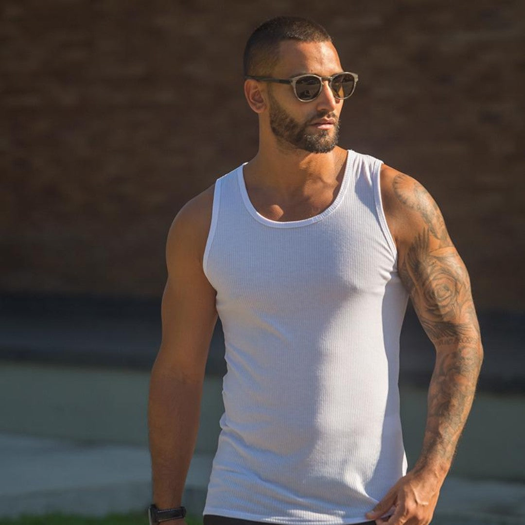 Kit 2 Regatas Masculinas Caneladas Estilo Americano | Ribana Premium com Elastano – Não Transparente, Costura Reforçada e Alta Durabilidade